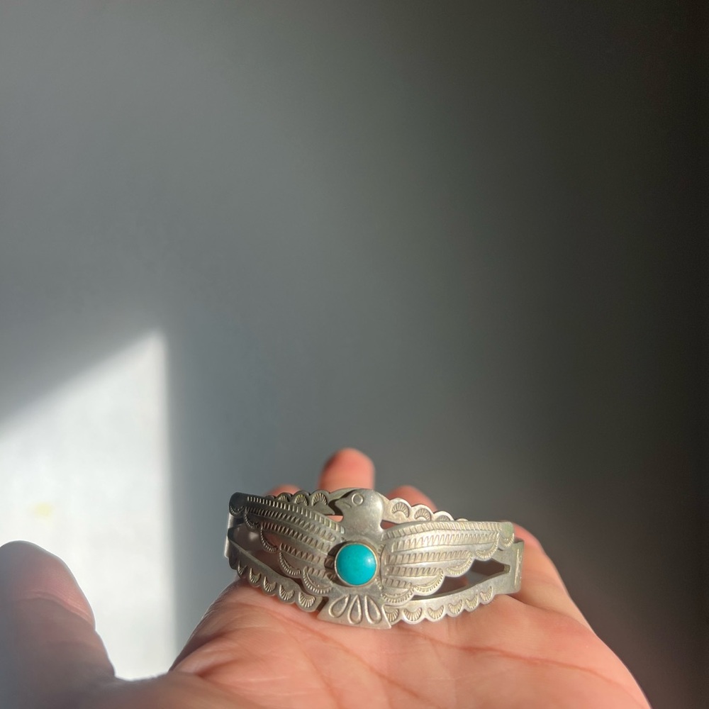 FINAL DROP Fred Harvey Era thunder bird cuff. Not sterling nickel silver